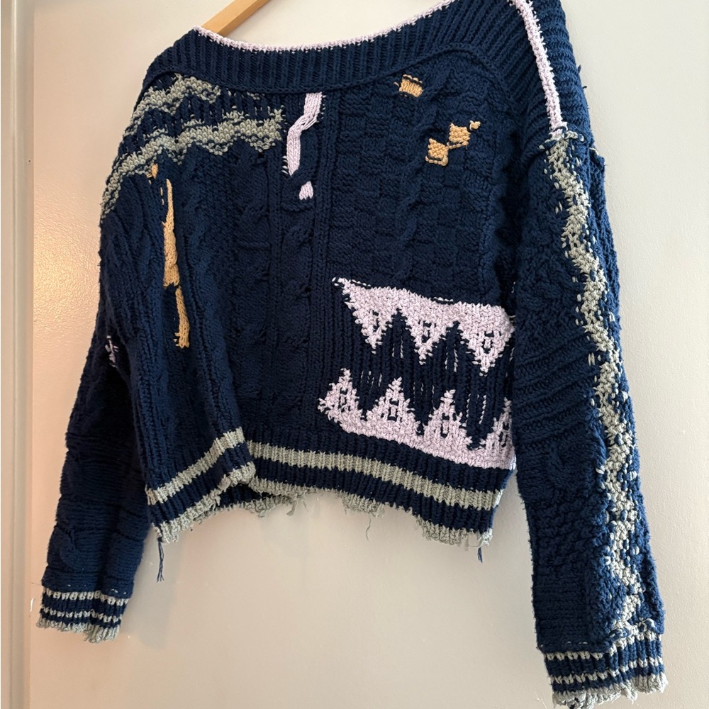 Navy Blue Graphic Knit Sweater
